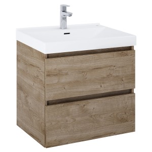 Roca Evelyne Basic mosdószekrény, 60 cm, Canela tölgy, mosdóval és két fiókkal.