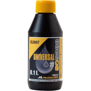 McCulloch 2-ütemű olaj, 0,1 l-es flakon, láncfűrészekhez és más 2-ütemű motorokhoz.