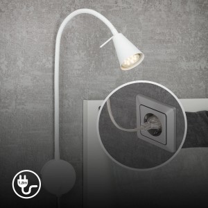 Fehér Briloner Tusa LED ágy melletti lámpa állítható hattyúnyakú karral, meleg fehér fény.