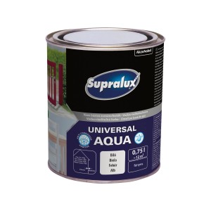 Fehér Supralux Universal Aqua festék, 0,75l doboz. Festék beltéri és kültéri használatra.