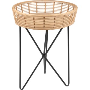 Kerek Minimalist Zen asztalka bambusz tálcával és fekete fémvázzal, 61 cm magas.