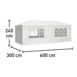 Fehér party sátor/pavilon méretekkel (magasság 245cm, mélység 300cm, hossz 600cm).