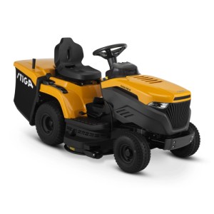Sárga Stiga Estate 598 W fűnyíró traktor fűgyűjtővel. Kompakt modell 5000 m²-ig.