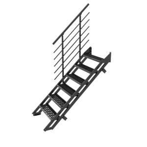 Fekete Minka Flex Grid kültéri lépcső horganyzott fémből, 6 csúszásmentes rácsos fokkal, korláttal.