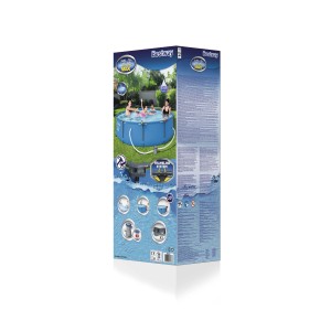 A Bestway Steel Pro Max Frame Pool szett csomagolása, kerek acélvázas medence szivattyúval.