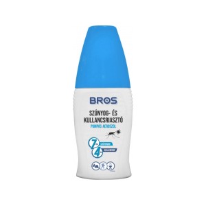 BROS szúnyog- és kullancsriasztó spray, pumpás, fehér flakon kék kupakkal.