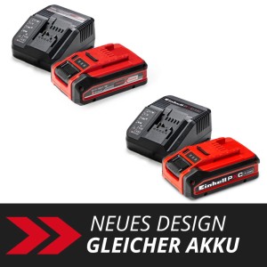 Einhell PXC 4 Ah Starter Kit: piros 18V akkumulátor és fekete töltő. Új design, ugyanaz az akkumulátor.