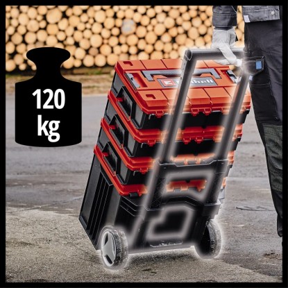 Einhell E-Case L szerszámosláda kerekekkel, egymásra rakva és szállításra készen. Szerszámosláda teleszkópos fogantyúval.