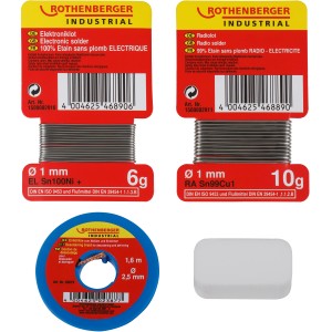 Rothenberger Rádió-elektronikai készlet, 4 részes, ólommentes, forrasztóónnal, kiforrasztó szalaggal és szalmiáksóval.