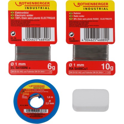 Rothenberger Rádió-elektronikai készlet, 4 részes, ólommentes, forrasztóónnal, kiforrasztó szalaggal és szalmiáksóval.