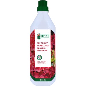 Folyékony rododendron trágya fehér flakonban, zöld kupakkal.
