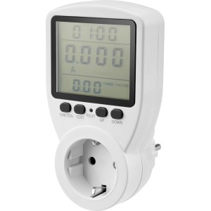 Fehér energiaköltség-mérő kijelzővel a fogyasztás figyeléséhez.