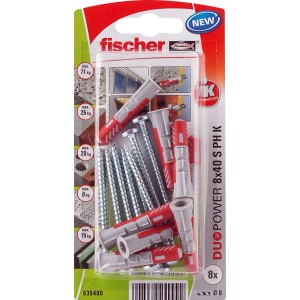 Fischer Duopower 8x40 dübel csavarokkal, tömör és üreges építőanyagokhoz.