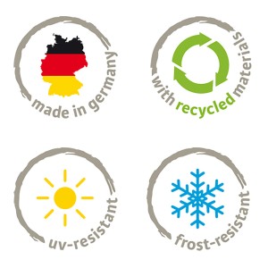"Made in Germany", újrahasznosított anyag, UV- és fagyállóság ikonok.