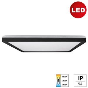 Lapos, négyszögletes LED mennyezeti lámpa fekete kerettel.
