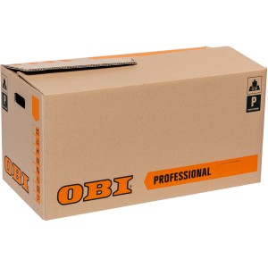 OBI Professional költöztető doboz, 80 l, barna, fogantyúkkal és feliratozási mezőkkel.