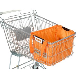 Narancssárga Easy Shopper tárolódobozként a bevásárlókocsiban.