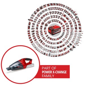 Einhell Power X-Change TE-VC 18 Li Solo akkus kézi porszívó tartozékokkal, a Power X-Change család tagja.