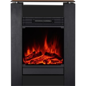 Fekete Glasbury Fire elektromos kandalló üveg előlappal, LED lánghatással és fa megjelenéssel. Modern fűtőberendezés.