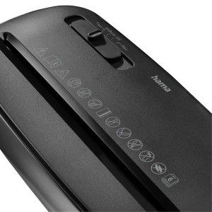 Fekete Hama Classic S61 iratmegsemmisítő csúszókapcsolóval és szimbólumokkal.