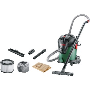 Bosch AdvancedVac 20 nedves-száraz porszívó tartozékokkal, mint például fúvókák, szűrők és porzsák.