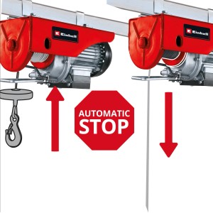 Einhell TC-EH 250 elektromos kötélcsörlő teherhoroggal és piros "Automatic Stop" jelzéssel.