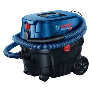 Bosch Professional GAS 12-25 PL nedves/száraz porszívó kék tömlővel és fekete tartállyal.