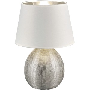 Trio Luxor asztali lámpa, M 35 cm, fehér szövet lámpaernyő, ezüst színű kerámia talp.