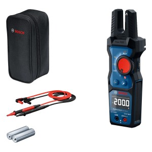 Bosch Professional GFM 1000-15 villás árammérő tartozékokkal: táska, mérővezetékek és elemek.