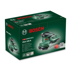 A Bosch PEX 220 A excentercsiszoló csomagolása csiszolólappal és mikroszűrővel.