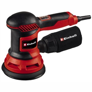 Einhell TC-RS 425 E excentercsiszoló piros-fekete színben, porzsákkal.