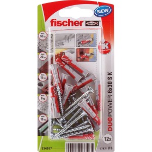 Fischer Duopower 6x30 S K NV dübel, készlet dübelekkel és csavarokkal műanyag csomagolásban.