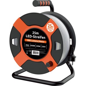 Kábeldob 25 m LED fénycsíkkal, narancs/fekete, fém kereten.