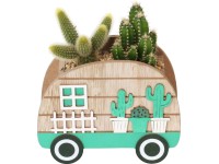 Kaktusz kompozíció fa lakókocsiban cserépátmérő: kb. 15 cm
