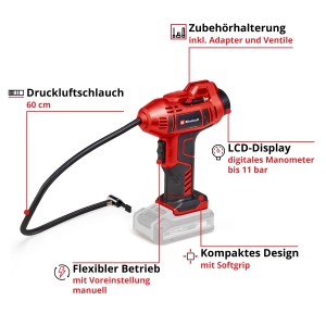 Einhell Power X-Change CE-CC 18 Li-Solo: Piros akkus kompresszor tömlővel és digitális kijelzővel.