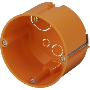 Narancssárga üreges falidoboz Ø 68 mm x 45 mm rögzítő karmokkal és kivehető nyílásokkal.