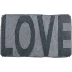 Szürke Wenko Memory Foam Love fürdőszobaszőnyeg, 50x80 cm, felirattal.