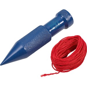 LUX Classic függőón zsinórral, kék függőón piros zsinórral, mérőeszköz.