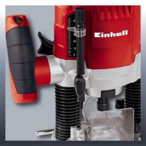 Einhell TC-RO 1155 E felsőmaró, a marási mélység beállításának és a fogantyújának részletes nézete.