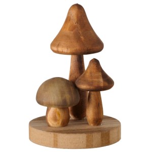 Három barna fa díszgomba kerek talpon. Kézműves Boltze Pilzano figura, 8,5 cm magas.