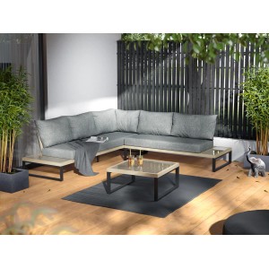 Szürke 3 részes Calora lounge szett rattan fonatból és alumíniumból asztallal és szürke párnákkal.