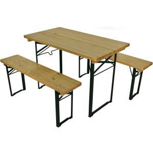 Sörsátor garnitúra erkélyre/teraszra 60 cm széles asztallal, fa lapokkal és zöld acélvázzal.