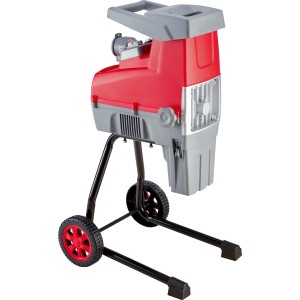 Csendes aprító C-ELH-2500/44, elektromos aprító gyűjtőzsákkal és kerekekkel.