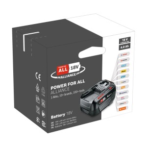 Fekete Bosch 18V 4Ah Li-ion akkumulátor elektromos szerszámokhoz, csomagolással és Power for All Alliance logóval.