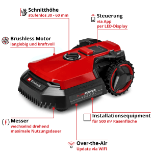 Einhell Freelexo 500 robotfűnyíró 500 m²-ig, piros/fekete.
