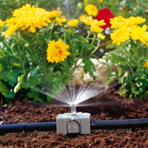 Gardena 180 fokos szórófej virágok öntözésére használva a kertben.