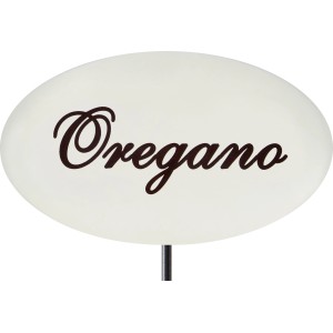 Zománc fehér fűszernövény jelölő, 30 cm magas, "Oregano" felirattal, ágyásokba és cserepekbe.