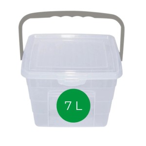 Átlátszó 7L tárolódoboz fedéllel és szürke fogantyúval.