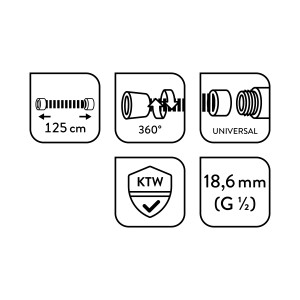 A baliv fém zuhanycső BSL-150.10 részletei: hossz, törésgátló védelem, univerzális, KTW szabvány, átmérő.