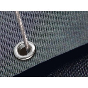 Szürke szövet ezüst színű fűzőlyukkal és kötéllel. Fűzőlyuk készlet kötélhúzáshoz, 24 mm.